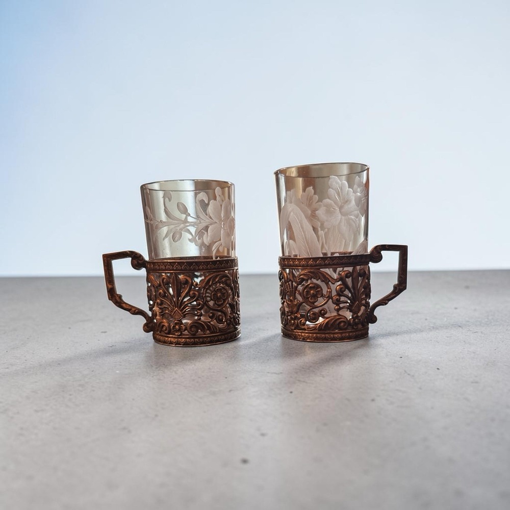 Vintage Pair Silverplate Shot Cups Glasses Ornate Repousse etched